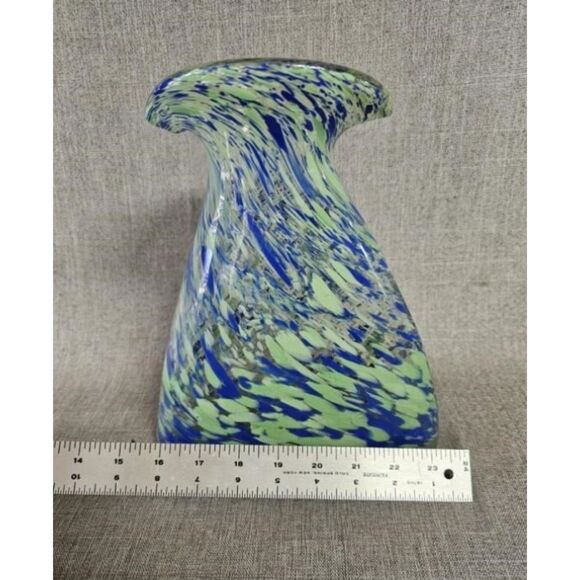Vintage Italian Blue and Green Speckled Thick Art Glass Vase